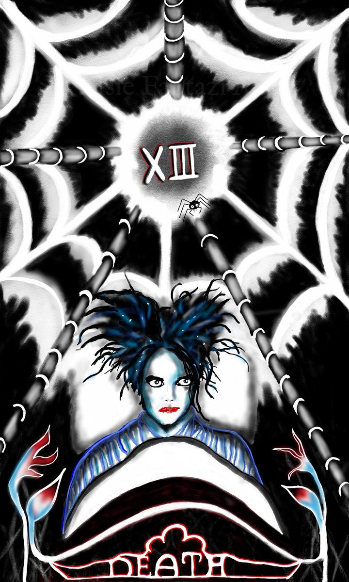 ElsieFantazi's tweet photo. I might spend the rest of my years, in-between drawing other things, designing a #TheCure themed major Arcana #tarot pack! Here is the Death card!!! #thespiderman @RobertSmith #robertsmith #deathcard #tarotpack #lullaby #art https://t.co/pL78SiwNBB