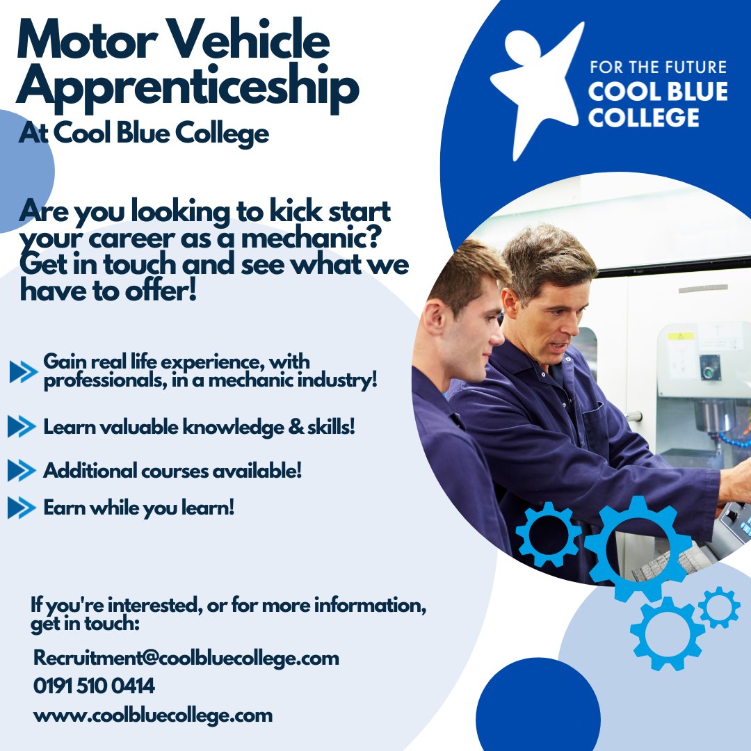 If this #interests you or someone you know then why not #CONTACT  us on 0191 510 0414 or email us at recruitment@coolbluecollege.com #motorvehicle #apprenticeships #Sunderland