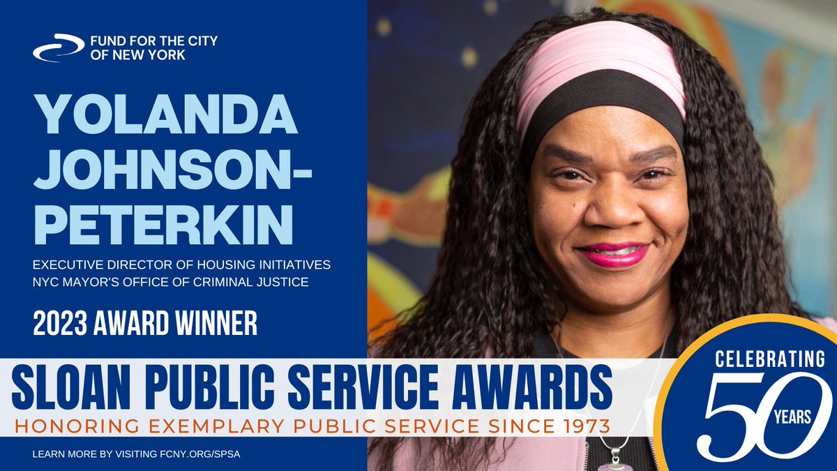 We are proud to share that Yolanda Johnson-Peterkin, the Executive Director of Housing Initiatives at @CrimJusticeNYC has been selected as a 2023 Sloan Public Service Award winner: fcny.org/awardee/yoland… #2023SloanPublicServiceAwards @SloanFoundation