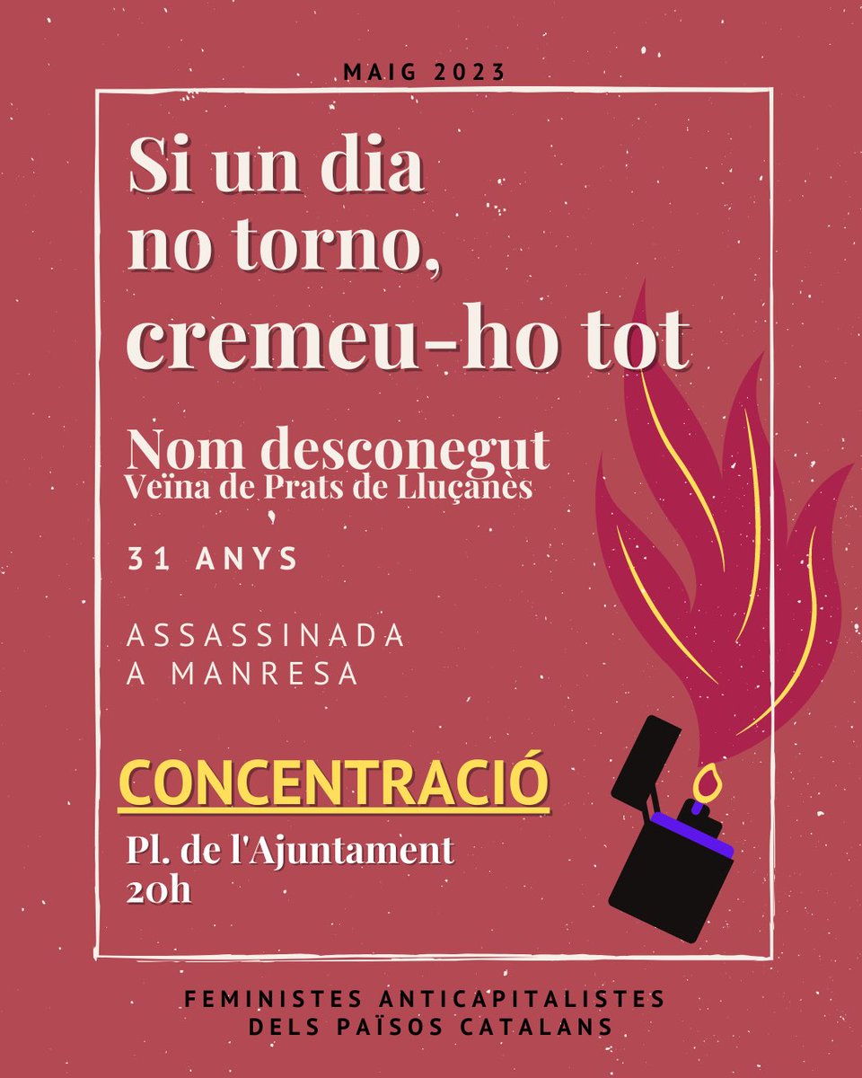Avui rebem la notícia que li han pres la vida a una dona de 31 anys embarassada a la nostra ciutat. La seva parella.

A Manresa no ens quedarem amb els braços creuats. Per això us convoquem a totes:

🗓️ Avui 15 de maig
🕐 A les 20h
📍A la Pl. de l'Ajuntament