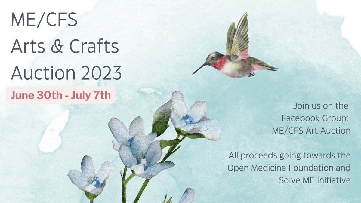 Are you an artist/artisan? <a href="/aliimrie/">Ali Imrie</a>, Em and I are hosting the 3rd annual #MECFS Art &amp; Crafts auction from June 30th-July 7th. All proceeds go towards <a href="/OpenMedF/">Open Medicine Foundation</a> &amp; @PIzSolveCFS. Visit the Facebook group : facebook.com/groups/mecfsar… for more details! #endmecfs #artauction