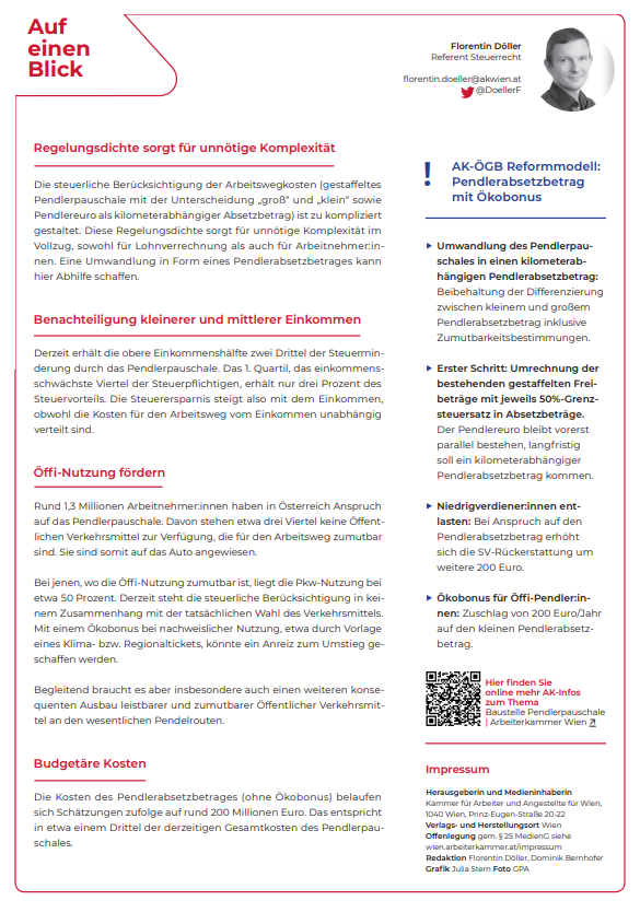 Die <a href="/Arbeiterkammer/">AK Österreich</a> macht Druck bei d Reform des Pendlerpauschales. 

Nach der breiten Unterstützung für das AK/ÖGB-Reformmodell auf d Hauptversammlung am 10.5 ging heute das Positionspapier von unserem Steuerexperten <a href="/DoellerF/">Florentin Döller</a> an über 300 Stakeholder 💪

arbeiterkammer.at/interessenvert…
