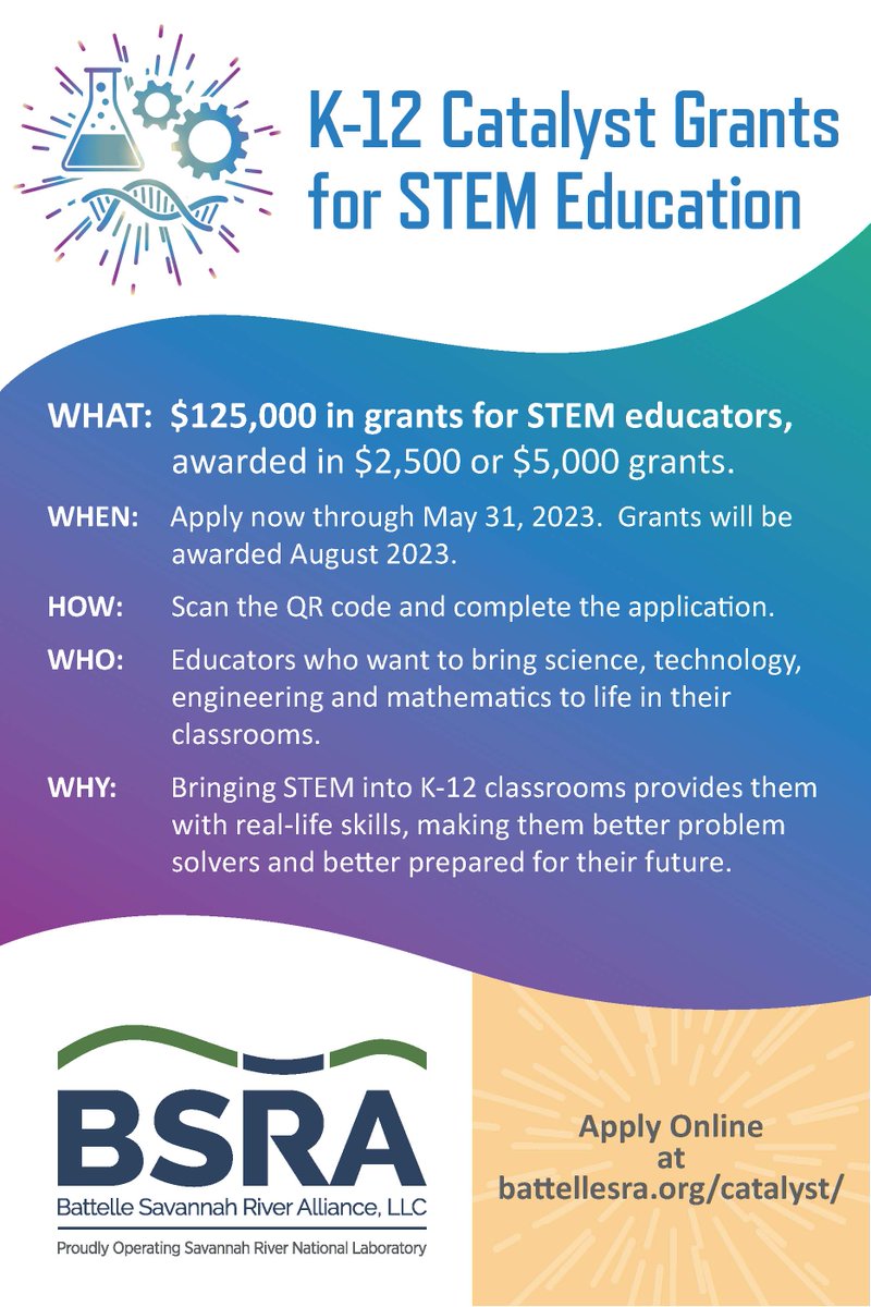 SRNLab's tweet image. There is still time to apply for BSRA K-12 Catalyst Grants for STEM Education. One-time grants in the amount of $2,500 or $5,000 are available to educators to advance activities and programs relating to STEM in classrooms battellesra.org/catalyst