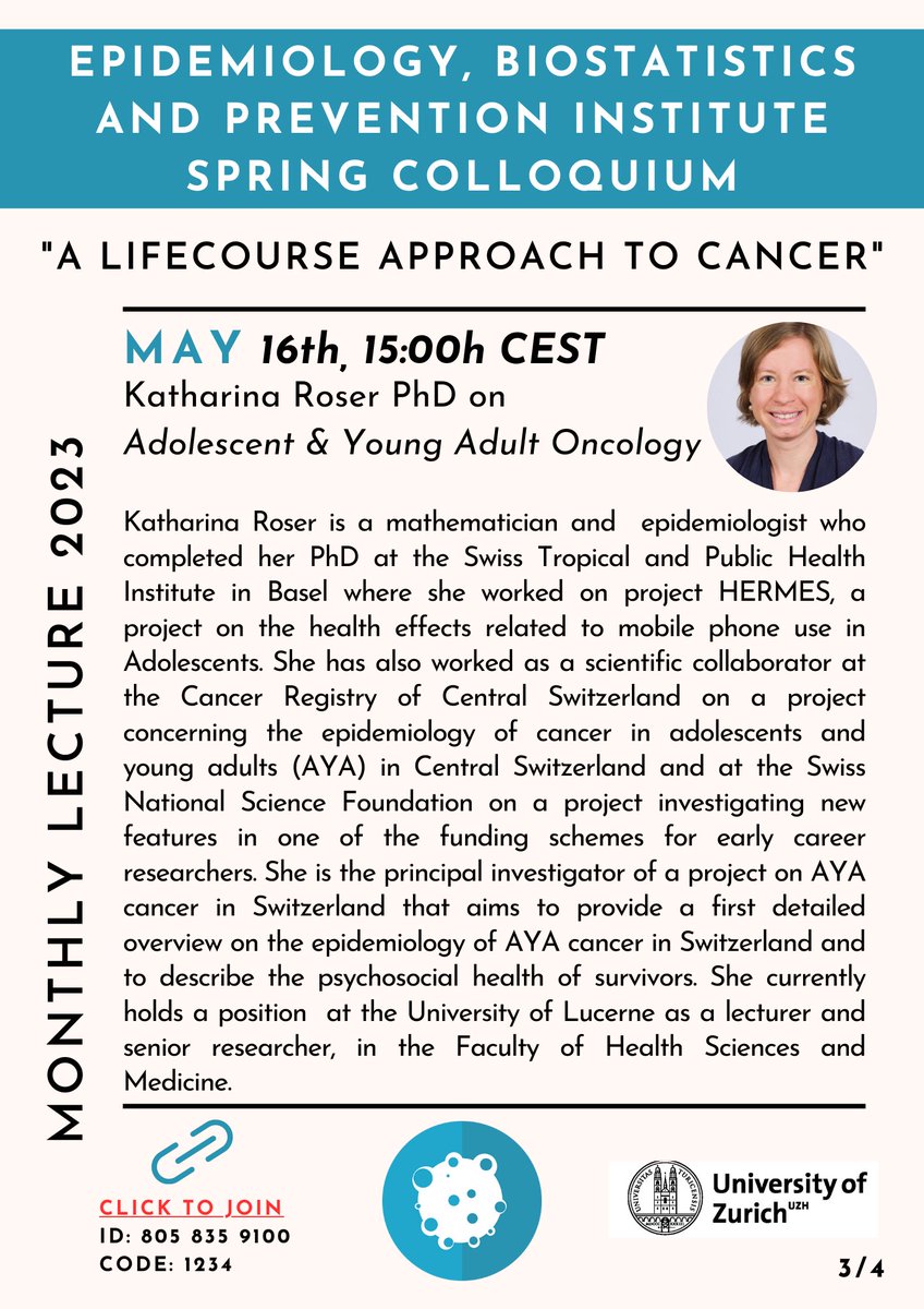 uzh_EBPI's tweet photo. Tune in today at 15h for the #EBPI colloquium featuring Dr. Katherina Roser from @UniLuzern! She will be discussing the #epidemiology of adolescent and young adult #cancer. 
Don't miss this insightful session, click on the Zoom link below! 🎙️📚 
https://t.co/YX9RmGH796
Code: 1234 https://t.co/dVwT56roQe