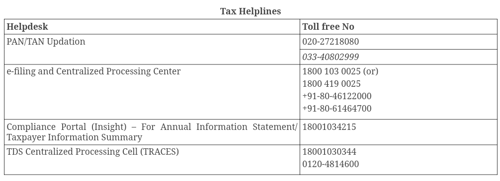 Aaykar Sampark Kendra and its Helpline numbers 1800 180 1961 and 1961 are going to be discontinued w.e.f. 01/06/2023. 

List of other Tax Helplines given below