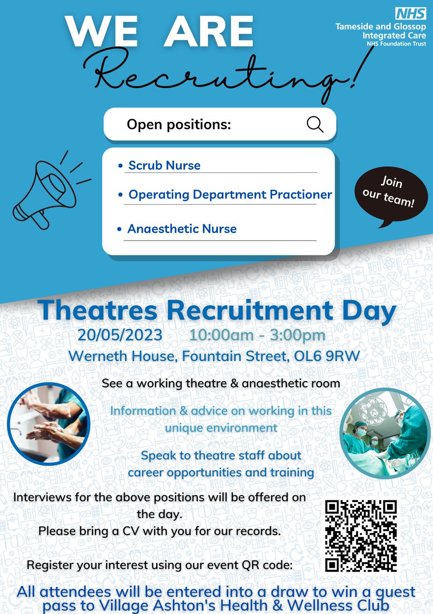 We're holding a theatres recruitment day this coming Saturday (20 May)!

Come along to Werneth House at the Tameside Hospital site between 10am-3pm to see a working theatre room, and speak to staff about opportunities to work in theatre ✅