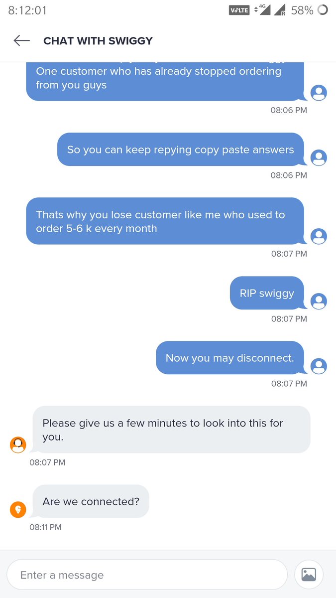 Konark1979's tweet photo. Communication skills at best from Swiggy Chat agents...hilarious https://t.co/5GCu8GOzY0