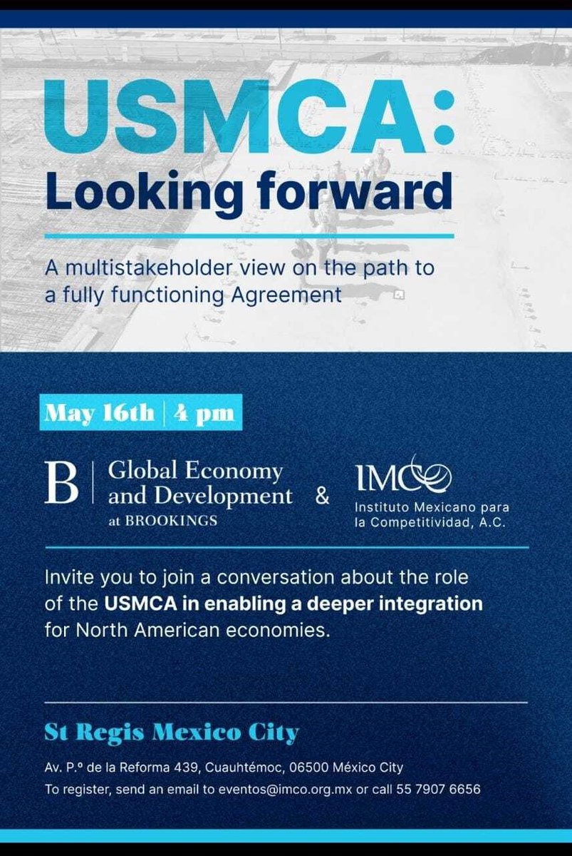 Tomorrow at 4 PM CST in Mexico City, we’re co-hosting a discussion with <a href="/imcomx/">IMCO</a> on the US-Mexico-Canada Agreement’s role in integrating North American economies. 

RSVP here: docs.google.com/forms/d/e/1FAI…
