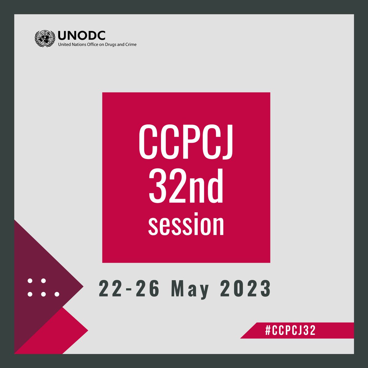 📣 Save the date!

The 32nd session of the Commission on Crime Prevention &amp; Criminal Justice will take place from 22 - 26 May in <a href="/UN_Vienna/">UN Vienna</a> &amp; online.

Follow #CCPCJ32, <a href="/CCPCJ/">CCPCJ</a> &amp; <a href="/UNODC/">UN Office on Drugs & Crime</a> to learn more about what the commission aims to achieve!

bit.ly/CCPCJ32