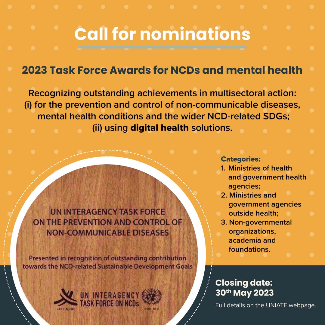 Dr Alexey Kulikov (@kulikovuniatf) on Twitter photo 🚨 There are just two weeks left to apply to 2023 UN Task Force awards 🏆 by <a href="/WHO/">World Health Organization (WHO)</a> and <a href="/ITU/">Int’l Telecommunication Union</a> that will be presented at the 78th session of the <a href="/UN/">United Nations</a> General Assembly. Award recognizes champions in #health-related Sustainable Development Goals, in particular #NCDs #mentalhealth 🚨 There are just two weeks left to apply to 2023 UN Task Force awards 🏆 by <a href="/WHO/">World Health Organization (WHO)</a> and <a href="/ITU/">Int’l Telecommunication Union</a> that will be presented at the 78th session of the <a href="/UN/">United Nations</a> General Assembly. Award recognizes champions in #health-related Sustainable Development Goals, in particular #NCDs #mentalhealth