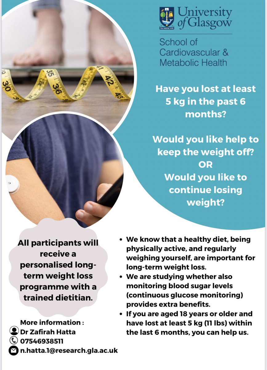 ZafirahHatta's tweet photo. We are looking for healthy individuals to participate in long term weight loss study using continuous glucose monitoring device conducted by University of Glasgow. 

@JasonGill74 @StuartGrayEDU @CindyGrayGlas https://t.co/vAabAsOyDr