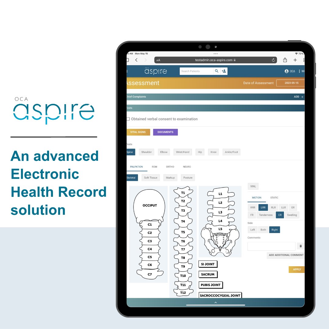 The ultimate #EHR for chiropractors! 📋
🎙️ Voice dictation? 
📝 Assessment &amp; SOAP templates? 
🔍 Interactive tools &amp; diagrams? 
With OCA Aspire, you get all these features and more! Our cutting-edge EHR streamlines your workflow, ensuring compliance and saving time. 
#OCAAspire