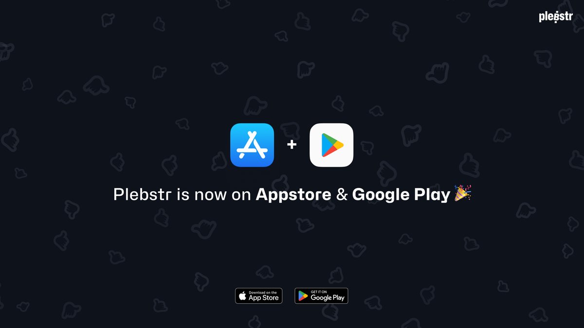 Plebstr now on AppStore &amp; Play Store 🥳🎉 

Now you can download Plebstr easily on iOS &amp; Android. 
Join the open, decentralised Nostr community and share Plebstr with your friends 💜

Android: play.google.com/store/apps/det…
iOS: apps.apple.com/app/plebstr-no…