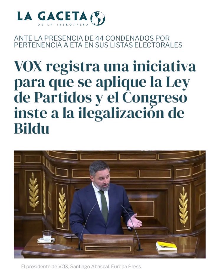 🔁 RT si estás a favor de la propuesta de VOX para la ilegalización de Bildu.
