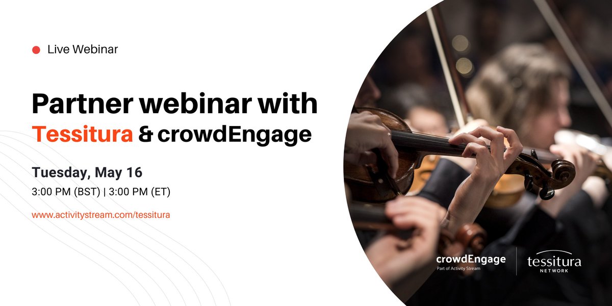Join us to learn how crowdEngage and Tessitura work together to enhance and modernize the audience experience. ✨

Register  here: 👇 

UK Webinar: zoom.us/webinar/regist…

US Webinar:
zoom.us/webinar/regist…

Learn more about our partnership: 
activitystream.com/tessitura