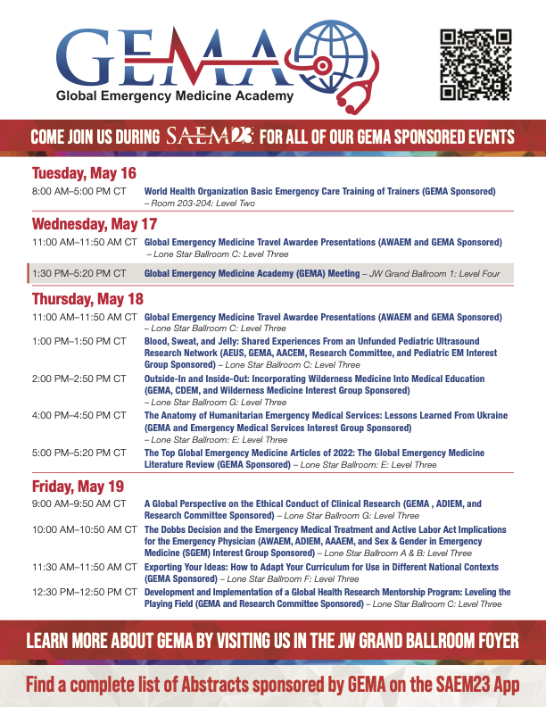 Excited to see everyone in Austin - make sure to add this great line up of Global EM events to your schedule!!  topics in #globalhealth, #humanitarianresponse, trauma care, and #emergencymedicine research and education, #decolonizingglobalhealth at #SAEM23 ! @SAEMonline