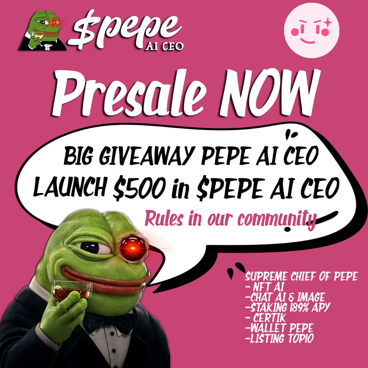 🔥💰 Buy $5 in our pre-sale and win $500! Join now for a chance to multiply your investment and grab incredible rewards. Details in our Telegram community. 🚀🎁
Pre Sale:pinksale.finance/launchpad/0xE7…
Telegram: t.me/PEPEAICEO_OFFI…
#PreSalePromo #CryptoInvestment #WinBig #JoinUs