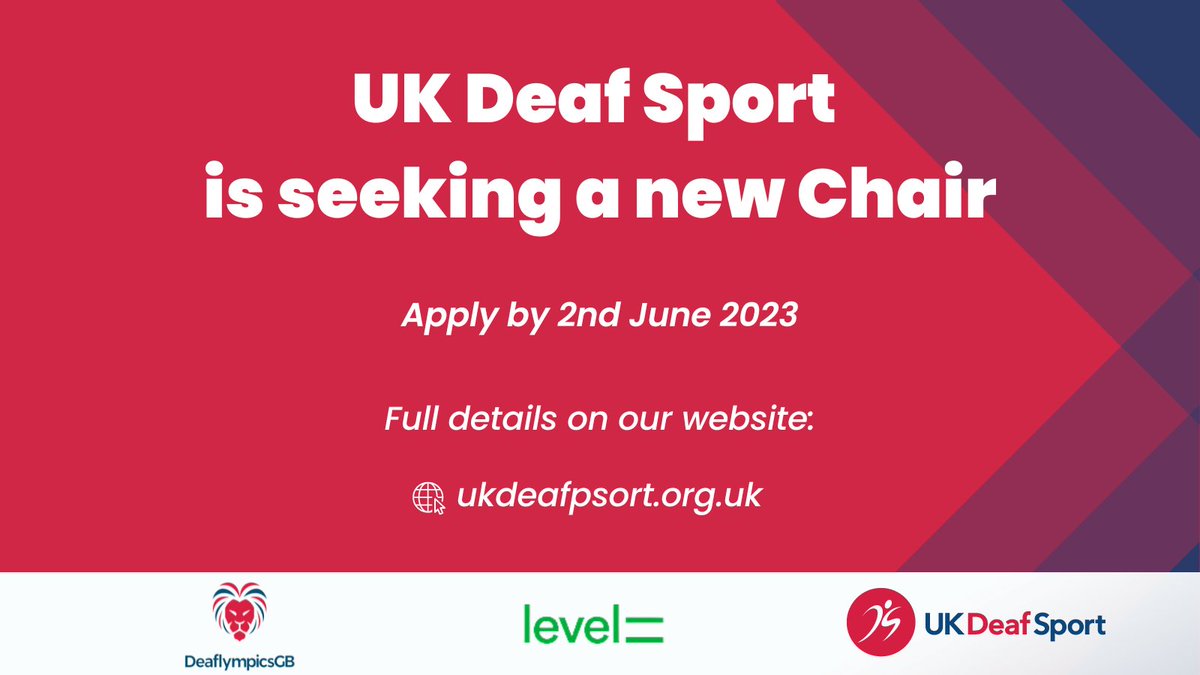 Do you have strong #leadership skills? Could you be the next Chair of @UKDeafSport & @DeaflympicsGB?
We are seeking a new #voluntary #Chair of the Board in partnership with @levelequals
Apply here ukdeafsport.org.uk
#deafsport #leaderinsport #deaflympicsgb #deaf #sportjobs