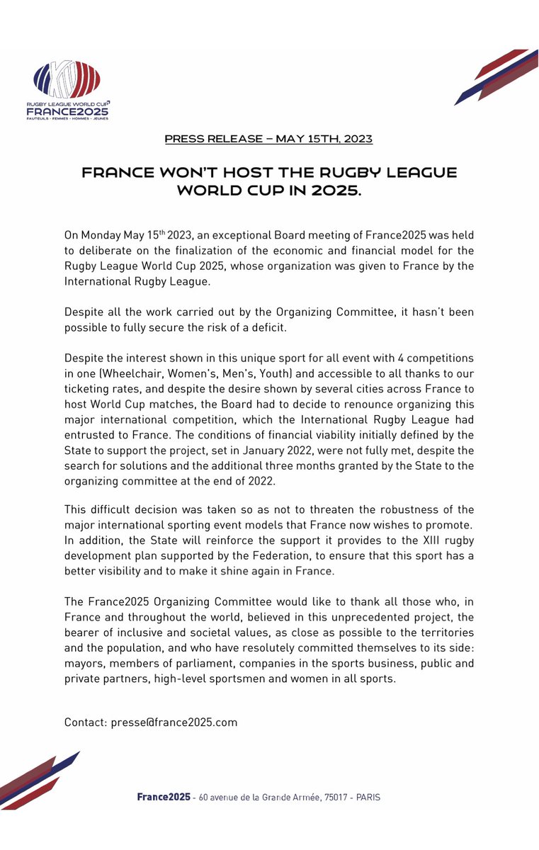 danroan's tweet photo. NEW | France pulls out of hosting Rugby League World Cup 2025 after organisers say that can’t guarantee the financial viability of the tournament ⬇️ https://t.co/32OmMrsO20