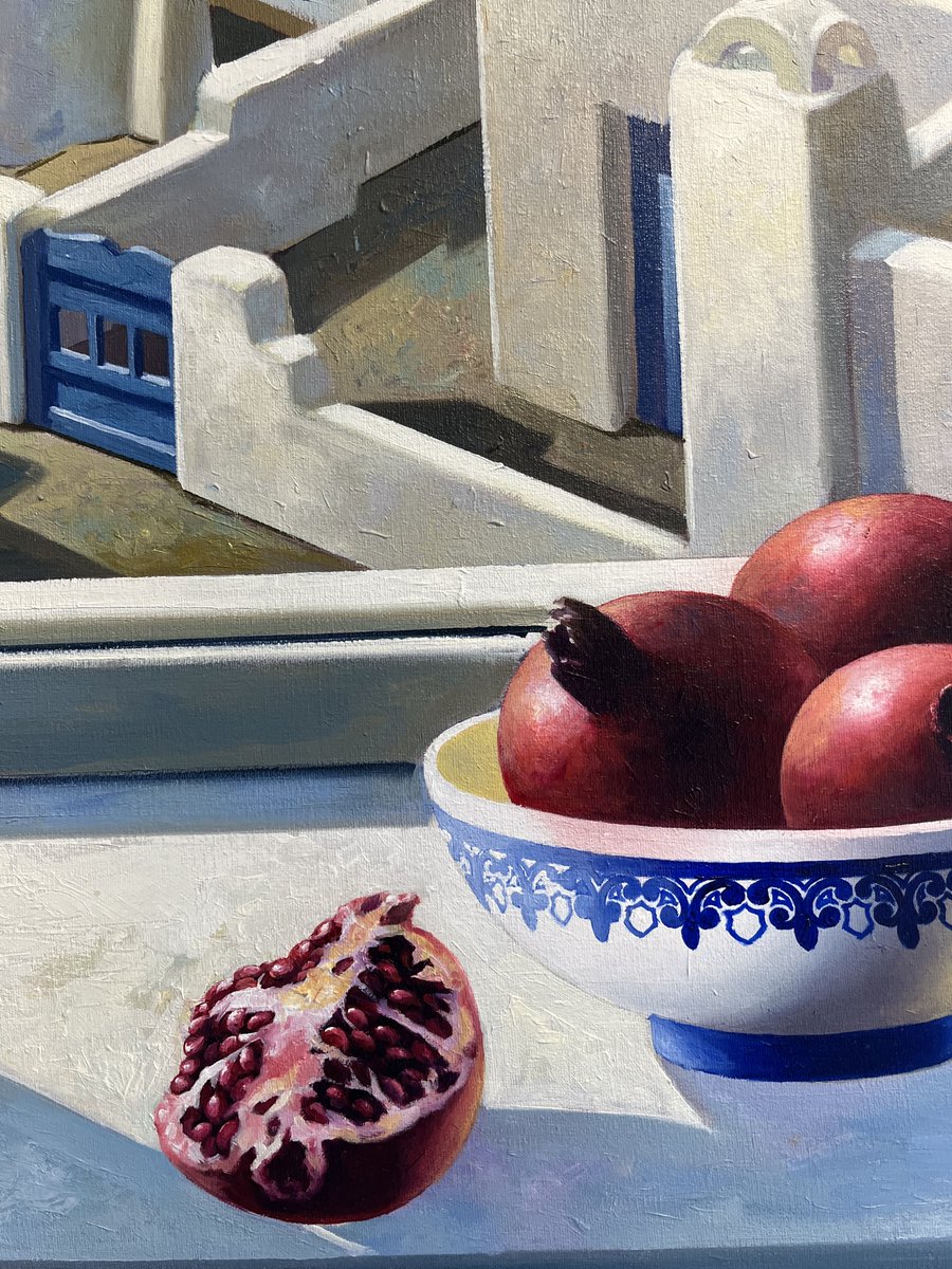 This original artwork by Peruvian painter @luisfuentesartist is a relaxing retreat to the sublime Mediterranean. This  picturesque image is painted to a convincing level of realism, providing  a chance to be immersed in the magic of island life. #mediterranean #ocean #oilpainting