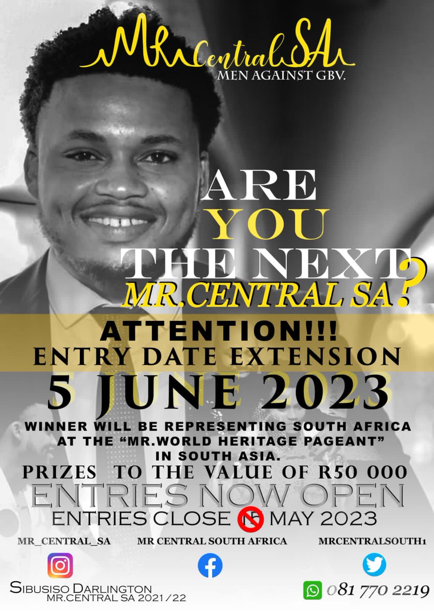 You stand the opportunity to represent South Africa on an international platform at the Mr. World Heritage pageant, in South Asia as well as obtaining prices to the value of 50k
Please follow the link below for the Online Entry Form.
forms.gle/QmRDSyKTGEuBMT…