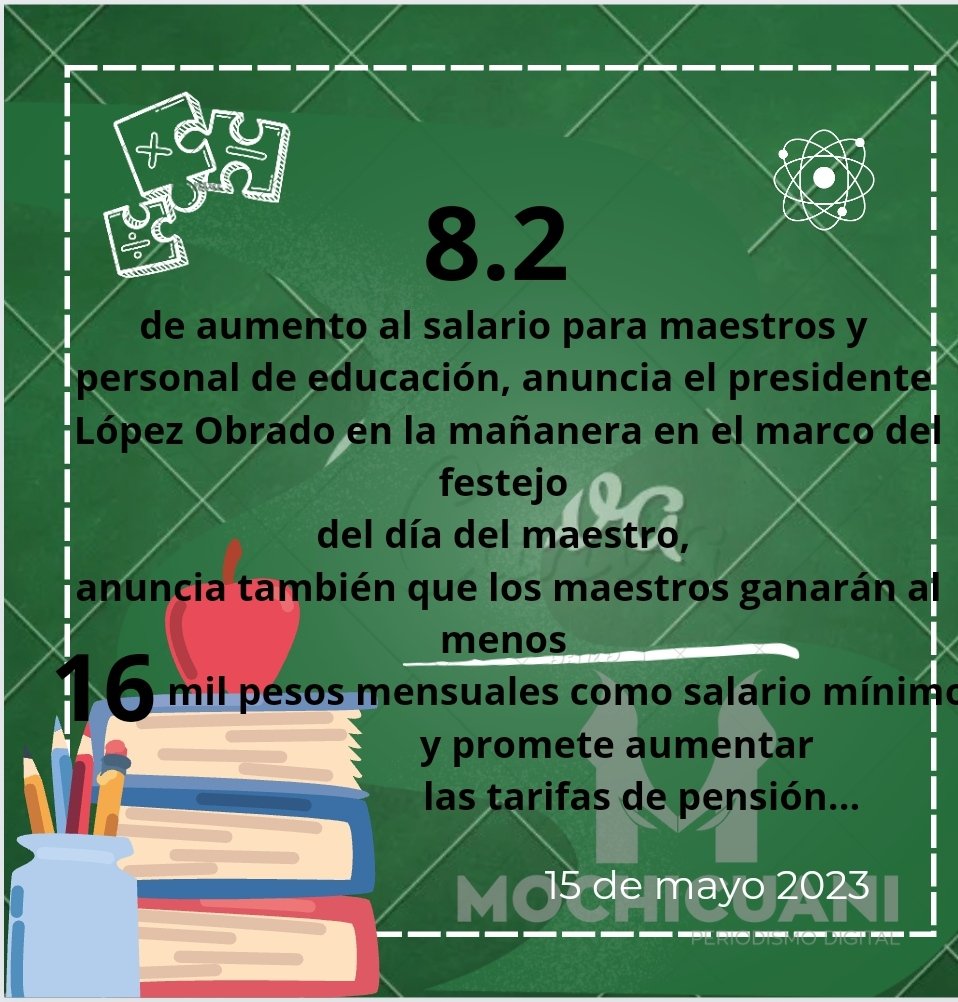 "Ningún maestro ni trabajador de la educación ganará menos de 16 mil pesos mensuales": <a href="/lopezobrador_/">Andrés Manuel</a>
#diadelmaestro 
#15deMayo 
👩🏻‍🏫🍎