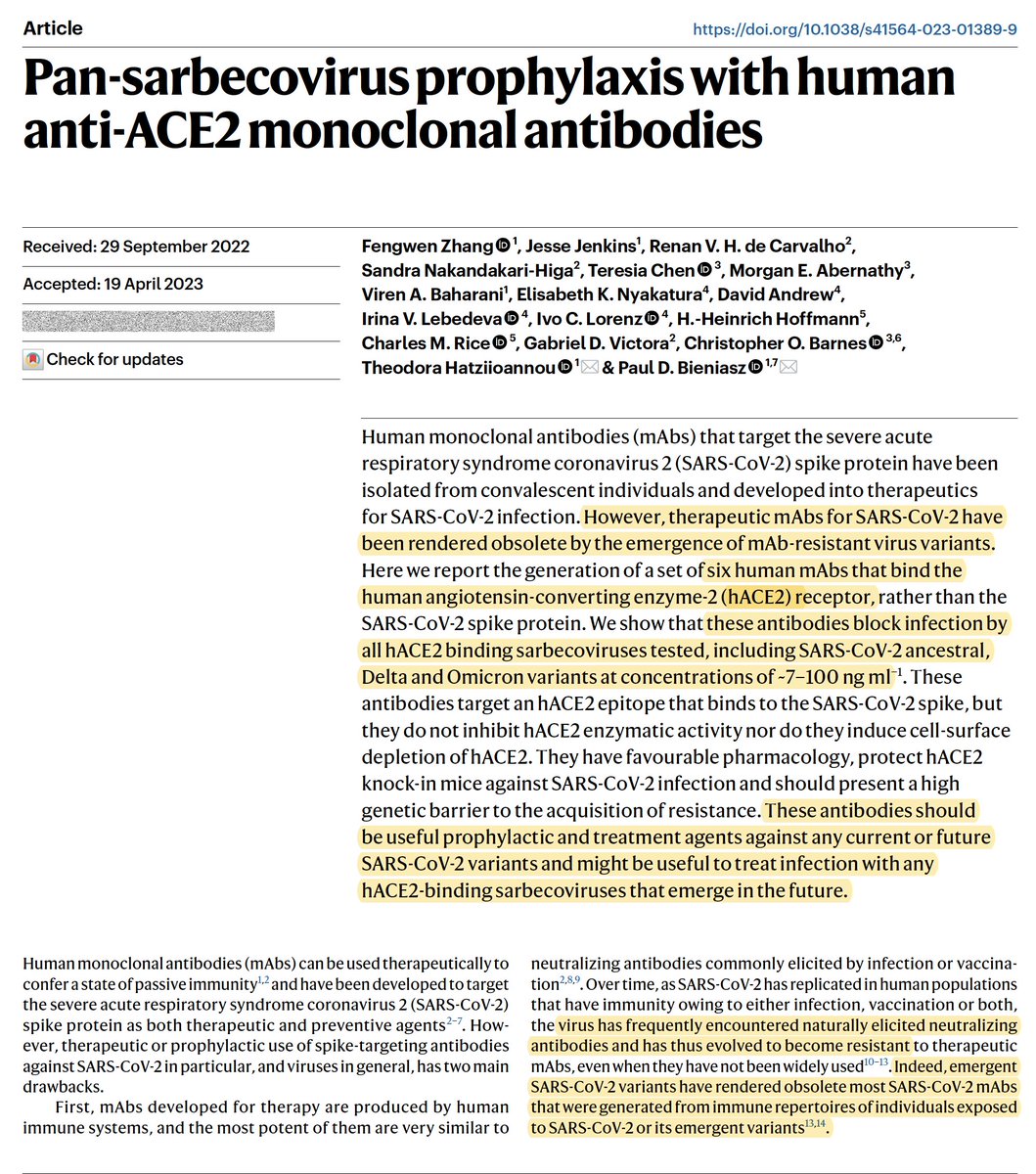 EricTopol's tweet photo. 🆕 @NatureMicrobiol 
Monoclonal antibodies that prevent infections across the sarbecovirus family (including #SARSCoV2 variants). 
A major unmet need for the immunocompromised 
https://t.co/hhaUuWIAFP
by @fengwenzhangRU @theodora_nyc @PaulBieniasz and colleagues @RockefellerUniv https://t.co/HCV8k59m73