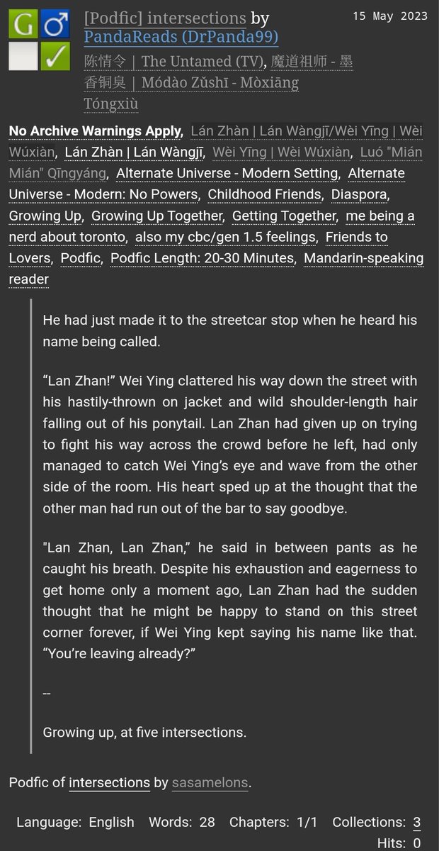 For my second <a href="/mxtxdiaspo_may/">By Chinese Diaspora, for Chinese Diaspora</a> podfic, I recorded <a href="/sasamelons/">sasa and the 🏙</a>'s lovely fic about wangxian growing up in Toronto. archiveofourown.org/works/47173753