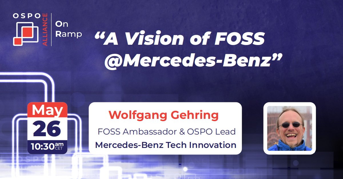 Our next OnRamp meeting will feature Wolfgang Gehring, FOSS Ambassador & OSPO Lead at @mercedesbenz_ti

Join us for the @mercedesbenz_ti vision of #FOSS!

📅 May 26st, 2023
⏰ 10:30-12:00 CEST
▶️ ospo.zone/onramp/

Open to all / no registration / safe env

#OSPO #OpenSource