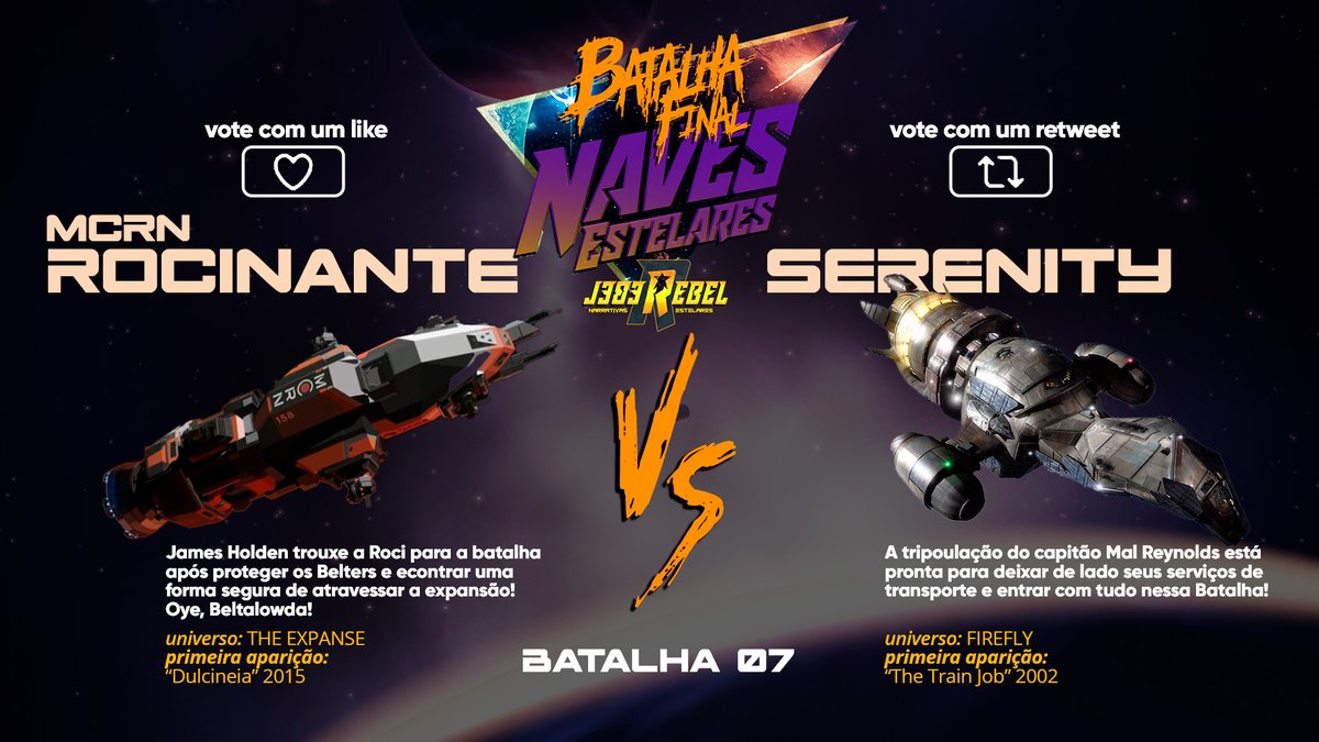SecularGames's tweet photo. Batalha #7 - #BatalhaFinal

Rocinante (like)
versus
Serenity (RT)

A nave mais famosa além Cinturão de #TheExpense enfretna o Cap. Mal e sua tripulação de #Firefly Vamos descobrir quem é a nave mais forte! 🤗

Conheça https://t.co/t0Or8tGnJ9 https://t.co/gqqmRrwDTJ