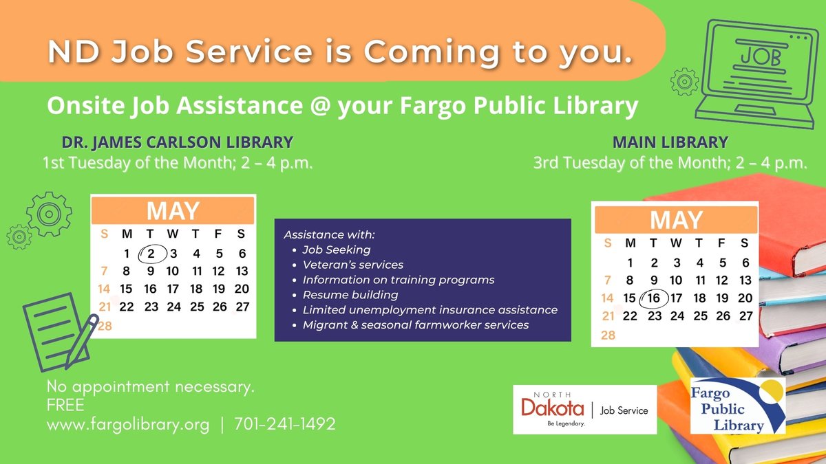 fargolibrary's tweet photo. Reminder: #JobServiceND will be onsite @ the downtown Main @fargolibrary TOMORROW - Tuesday(5/16) 2β4PM. Get help with: β’ Job Seeking β’ Veteran's Services β’ Resume Building β’ Unemployment Insurance Assistance β’ Info. on Training Programs Free & NO registration required. https://t.co/ftMSOz2E0p