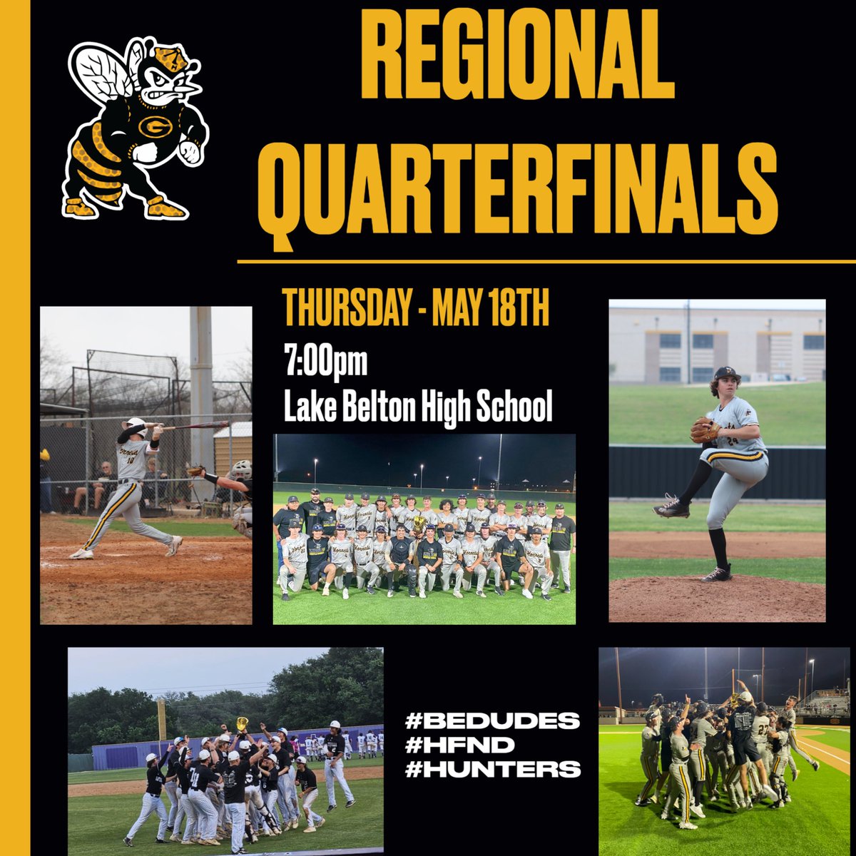 GHornetBaseball's tweet photo. Round 3!!  One game single elimination this Thursday at Lake Belton.
#bedudes #hunters #HFND https://t.co/GMFMVuDsdQ