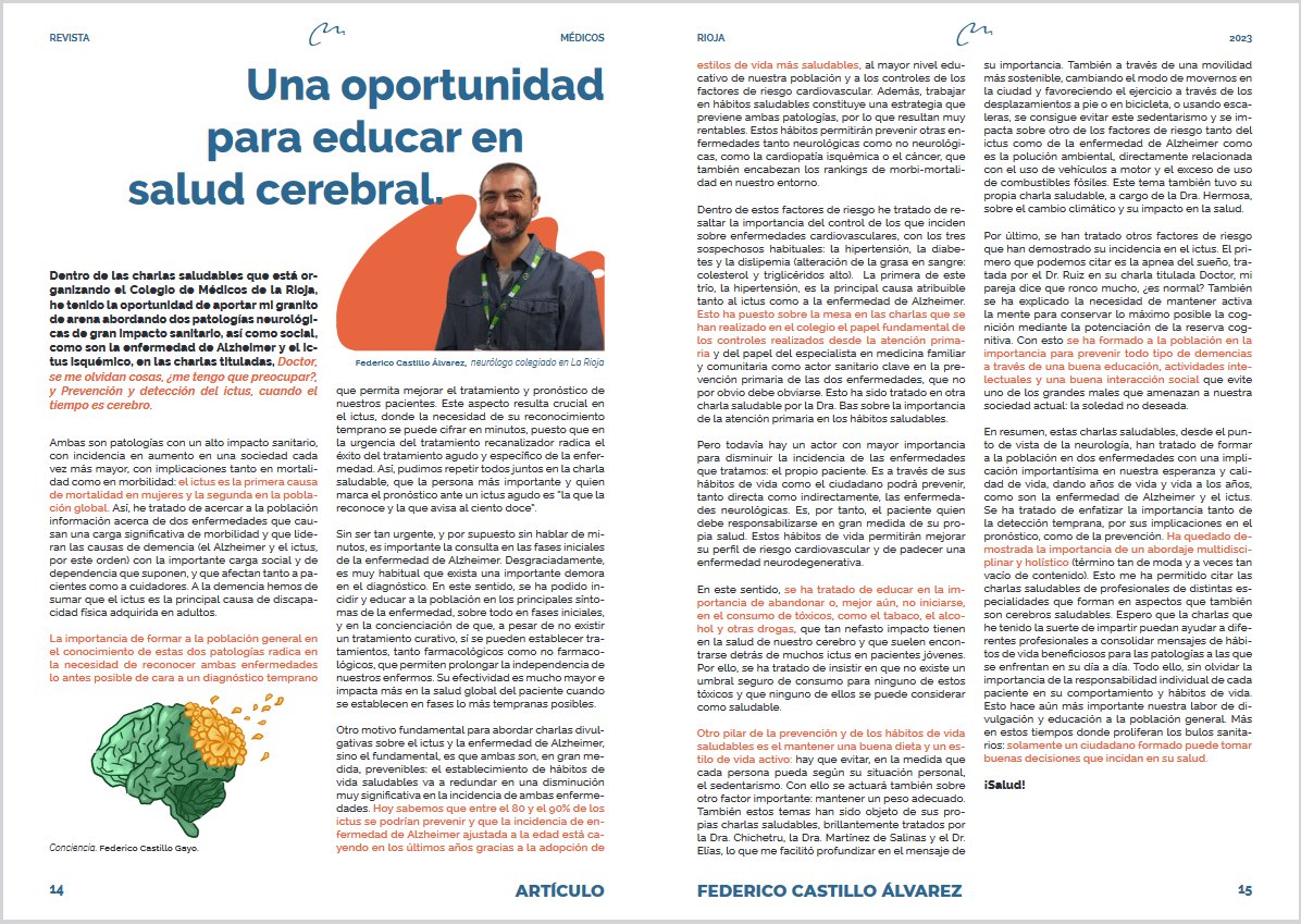 fedefedeson's tweet photo. Gracias al @MedicosRioja por la oportunidad de educar sobre salud cerebral en la revista de nuestro colegio profesional. Me hace mucha ilusión además contar con la colaboración de @Difol_ como ilustrador. Orgullo doble! https://t.co/eH4DGWD35V