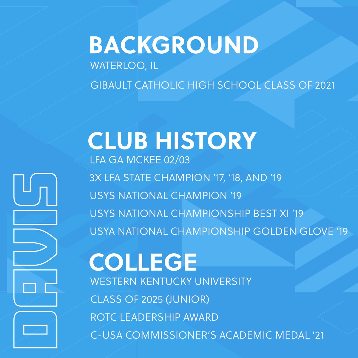 Welcome 𝙈𝙖𝙙𝙙𝙞𝙚 𝘿𝙖𝙫𝙞𝙨!

The Western Kentucky Goalkeeper is a 3x LFA State Champion and a USYS National Champion where she earned the Golden Glove Award and Best XI Team Honors

<a href="/maddav343/">Maddie Davis</a> | <a href="/LouFuszSoccer/">Lou Fusz Soccer Club</a>