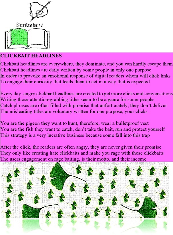 scribaland1's tweet image. #Scribaland1 CLICKBAIT HEADLINES
They are relied on punchy emotions!#lyrique #lyriques #maitre #maitres #maitresse #maitresses #maisondedition #maisonsdedition #manuel #manuels #manuscrit #manuscrits #maternelle #maternelles #matiere #matieres #memoire #memoires #mot #mots #haiku