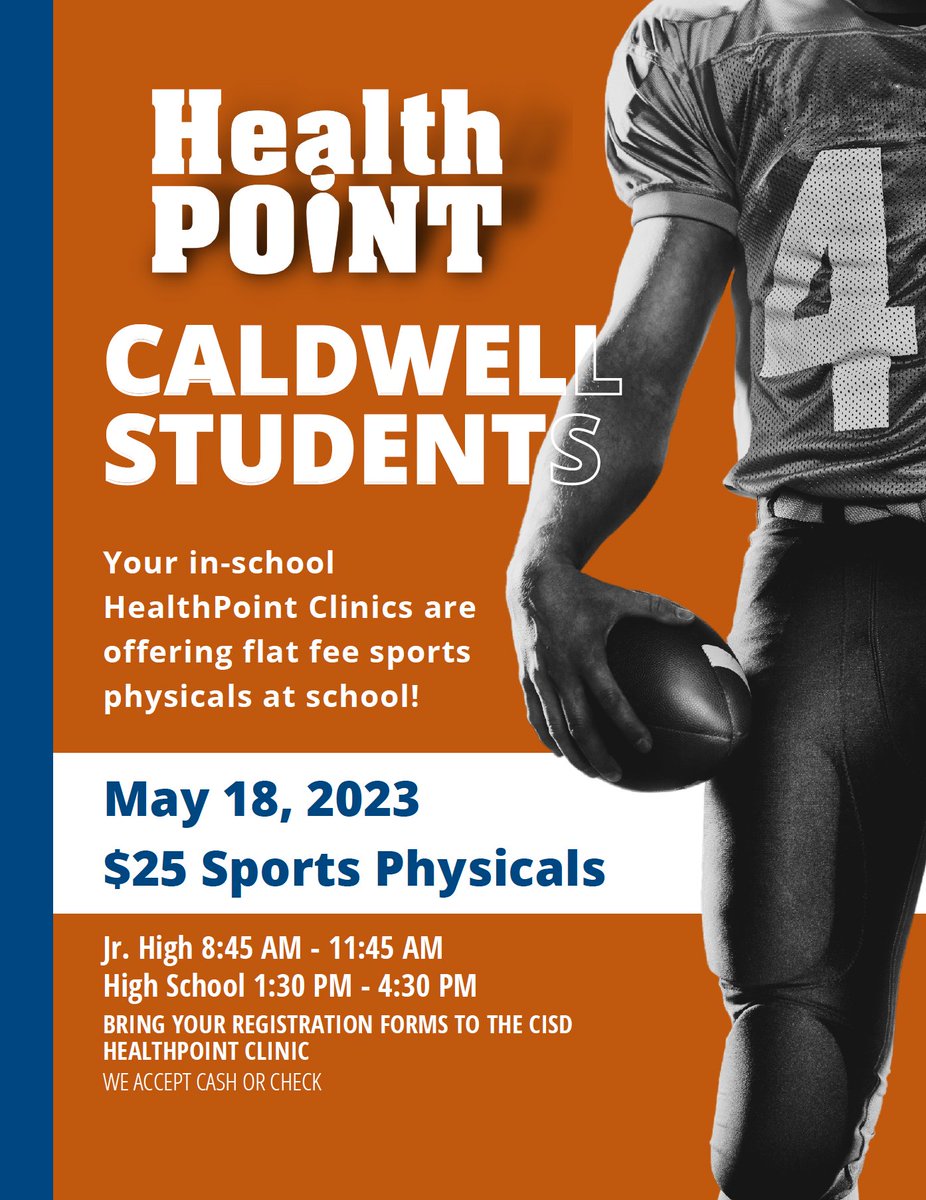 SAVE THE DATE‼️ HealthPoint is offering another round of sports physicals for students on May 18th at both Jr. High and High School Campuses. Call to get your appointment scheduled before they fill up!