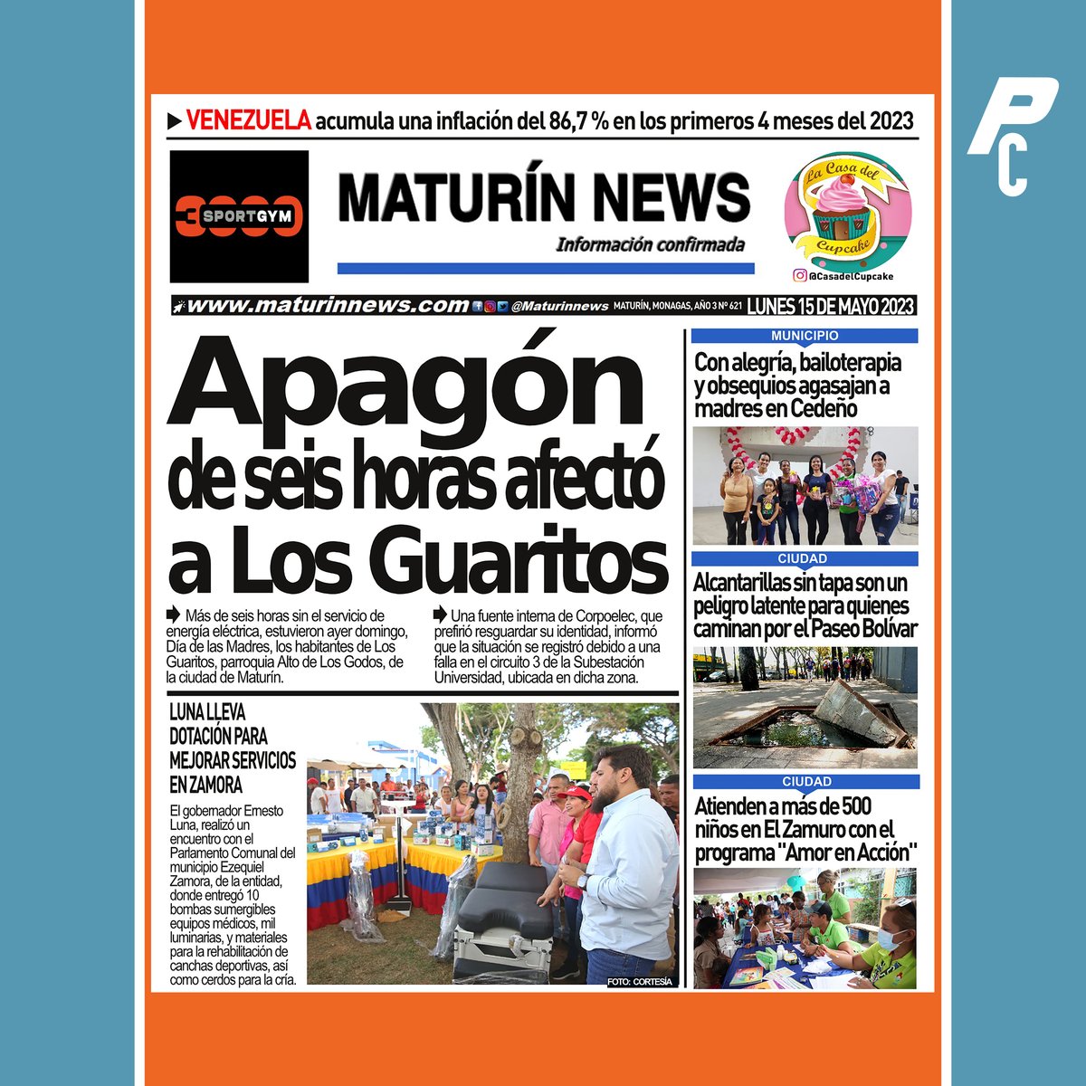 #Regionales | Portada de Maturín News este #15May titula: Apagón de seis horas afectó a Los Guaritos