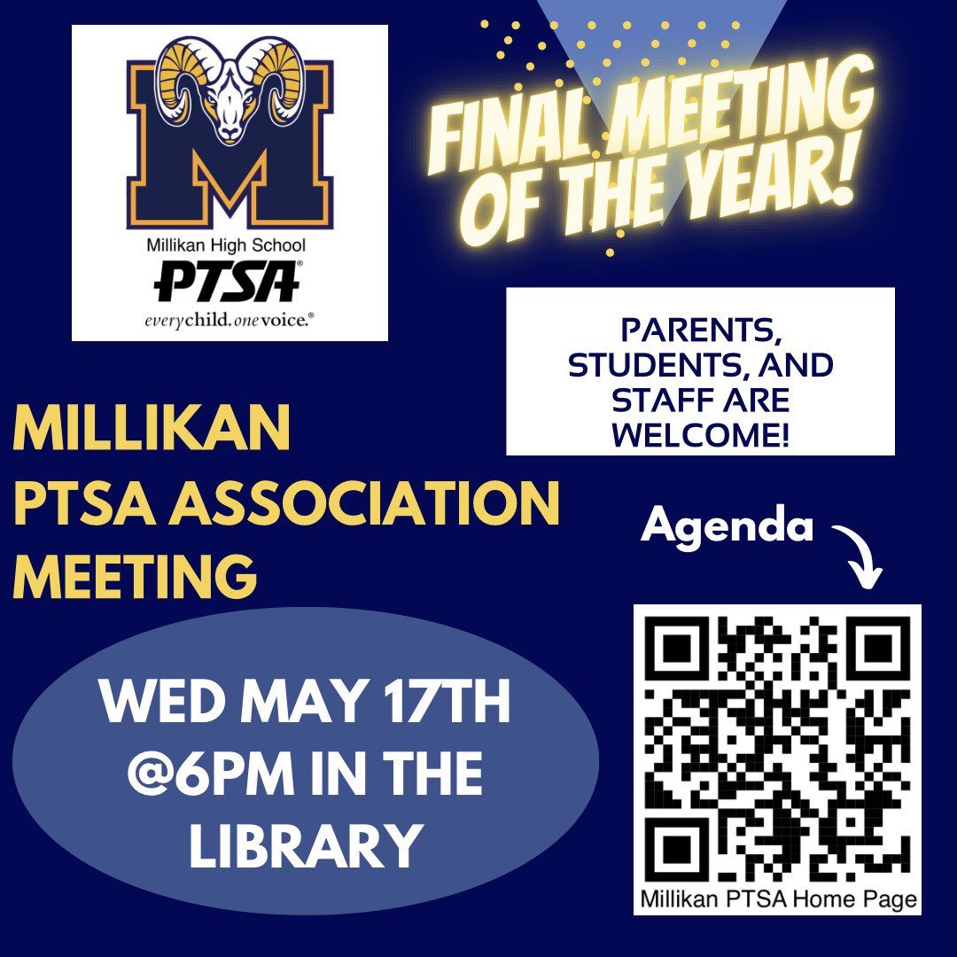 Wed, May 17th at 6pm in the library. We’ll be celebrating our year, handing out awards, and doing some final business to close out the year. Join us! lbmillikan.schoolloop.com/ptsa #lbmillikanptsa #gorams  🏅 💙 🐏 💛 🏅 <a href="/PrincipalVega/">Alejandro Vega</a>