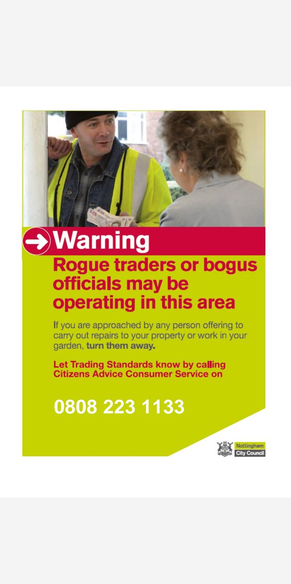 CP Operational Response Team (@ortsafenottm) on Twitter photo As part of #RogueTraderWeek, CPOs will be visiting citizens in hotspot areas across Nottingham offering reassurance and advice on Rogue Traders and scams
You can let <a href="/NottmCityTS/">Trading Standards</a> know about rogue traders in your area by calling Citizens Advice Consumer Service on 08082231133 As part of #RogueTraderWeek, CPOs will be visiting citizens in hotspot areas across Nottingham offering reassurance and advice on Rogue Traders and scams
You can let <a href="/NottmCityTS/">Trading Standards</a> know about rogue traders in your area by calling Citizens Advice Consumer Service on 08082231133