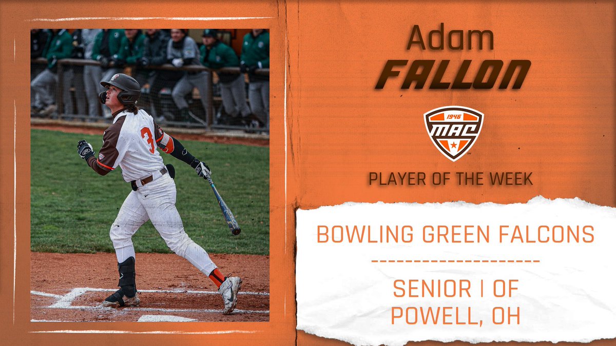 BGSU's <a href="/Adam_Fallon3/">Adam Fallon</a> was on 🔥 this weekend vs. NIU. Fallon registered a team-high 1.667 slugging pct. with a double, two triples and a HR over the course of the series. He led the team in runs scored with five and drove in six RBI while recording a team-high 15 total bases.