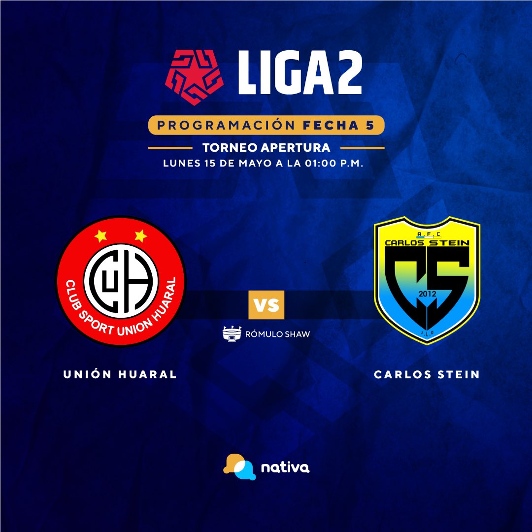 🔴 #Liga2 | Fecha 5 
🏆 ¡HOY! a la 1:00 p.m. | <a href="/UnionHuaral/">Union Huaral</a> 🆚 <a href="/FcCarlosStein/">FC Carlos Stein Oficial</a> 
🏟️ Rómulo Shaw 

▶️ Mira la transmisión: bit.ly/3o1KYhS  
🙌🏻 #LaLiga2 está en Nativa
