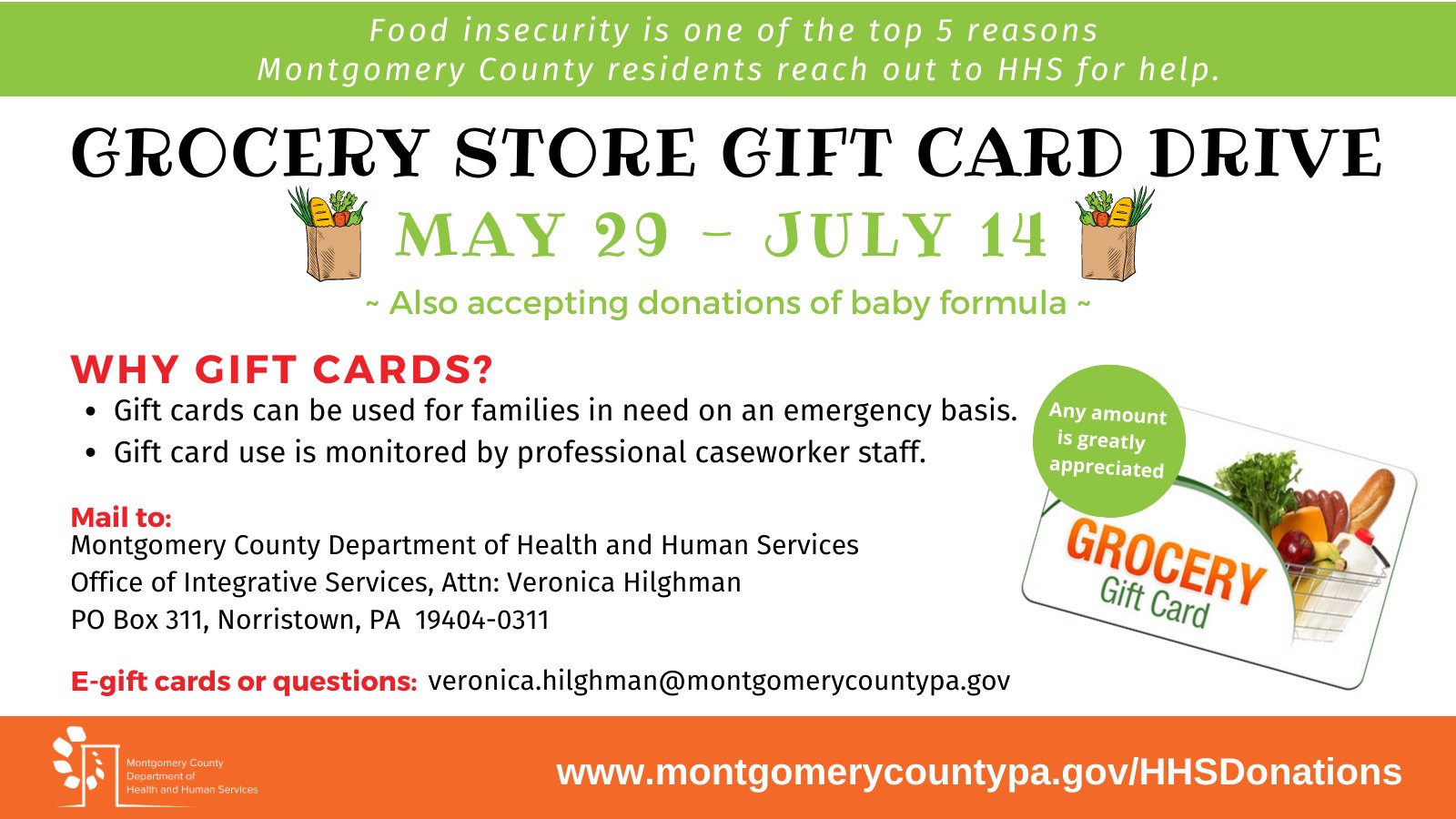 MontcoPA Department of Health and Human Services on X: Grocery store gift  card drive: now - July 14. Cards to any food store are greatly appreciated,  incl. grocery stores, big box stores