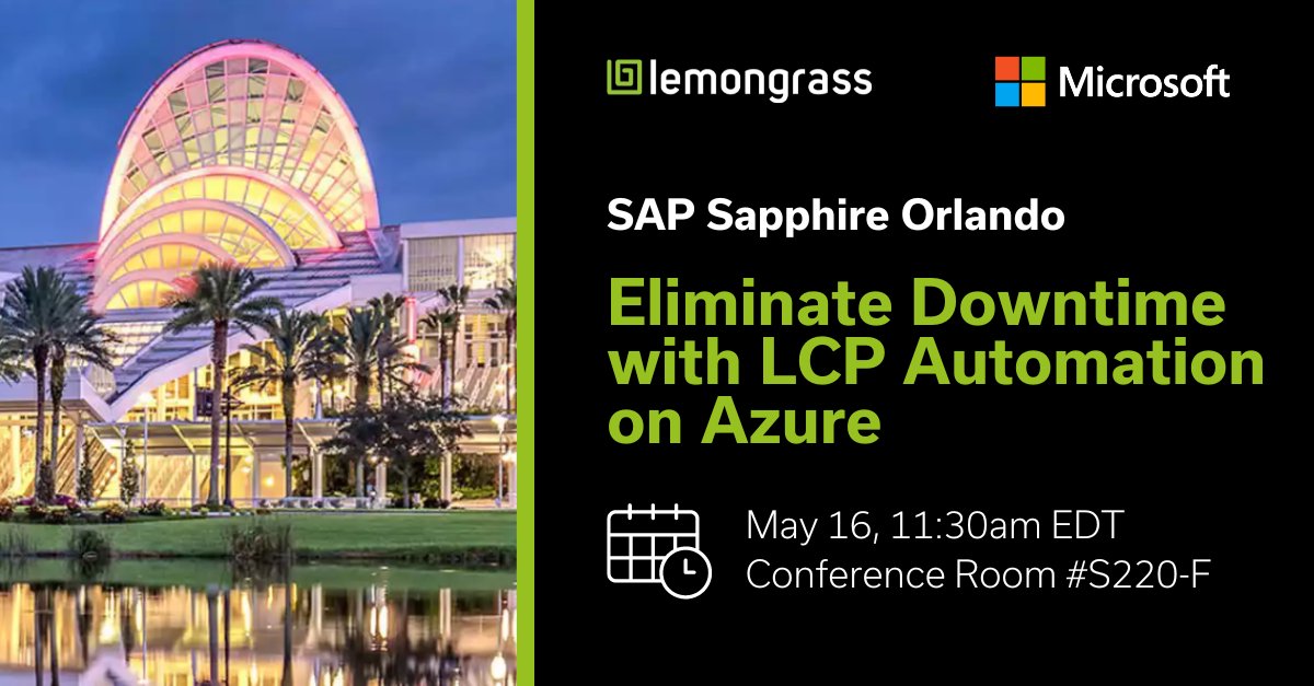 LemongrassCloud's tweet photo. Join Lemongrass and #Microsoft at #SAPSapphire Orlando for a discussion on how #automation can help your organization save time and money by eliminating unnecessary downtime. Register to save your spot: https://t.co/aIoeYruFd1
#SapphireOrlando #SAPonCloud https://t.co/lx0OoCI03h