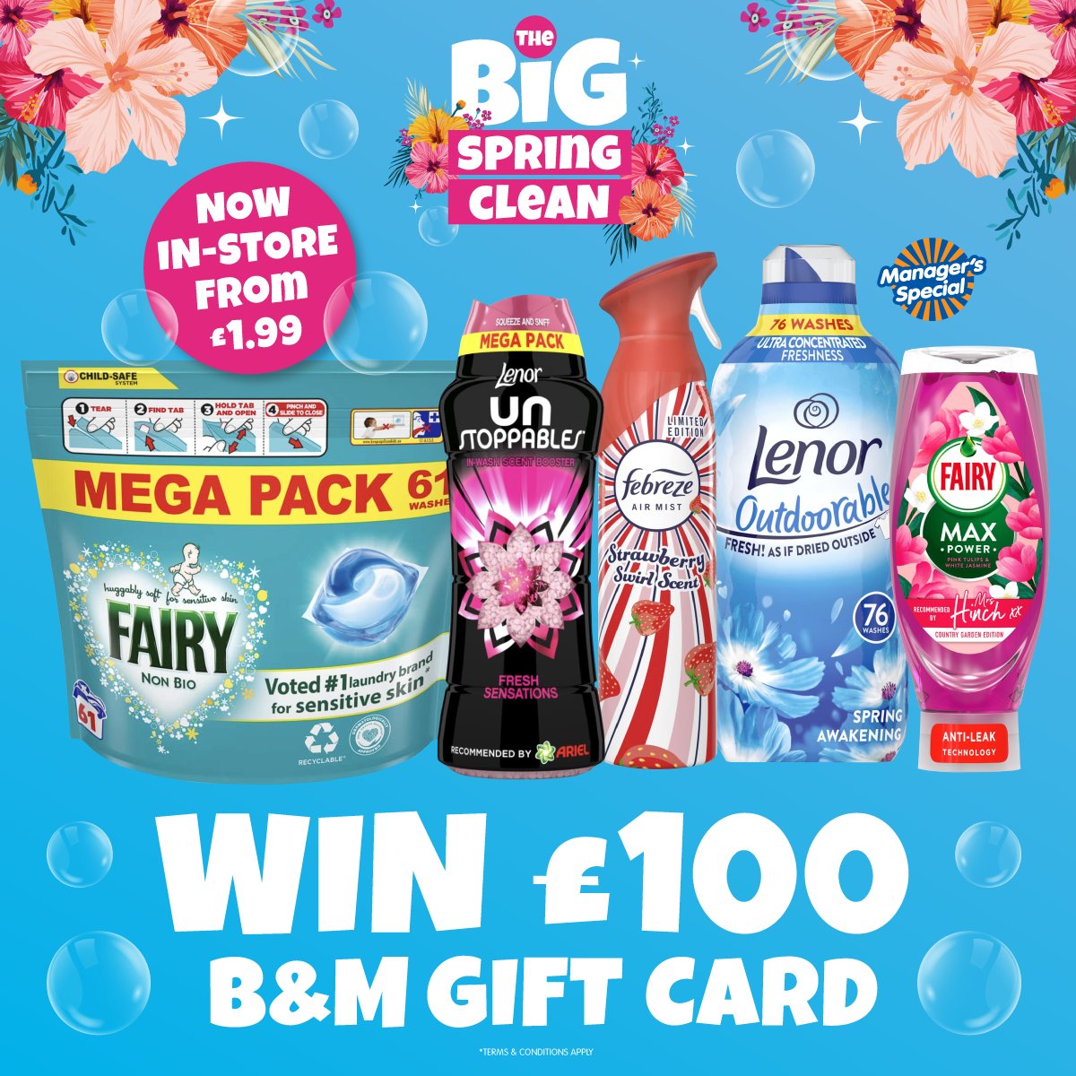 💧 #COMPETITION TIME 💧

As part of our #BigSpringClean, we're teaming up with P&G  to giveaway a £100 B&M Gift card to ONE lucky winner!

For a chance to #WIN, simply;

1) FOLLOW US
2) RT
3) COMMENT #BMBigClean

Competition ends 9am 22/5/23