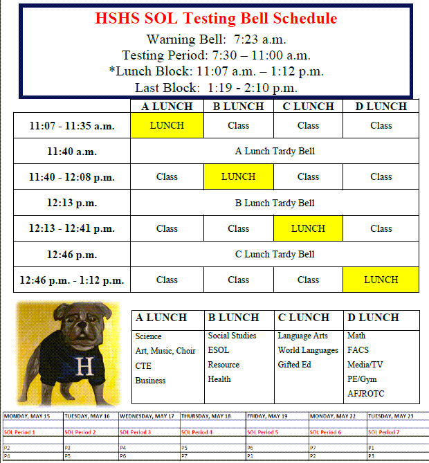 We started SOL testing today! Our schedule is posted below and will be followed until Tuesday, May 23.