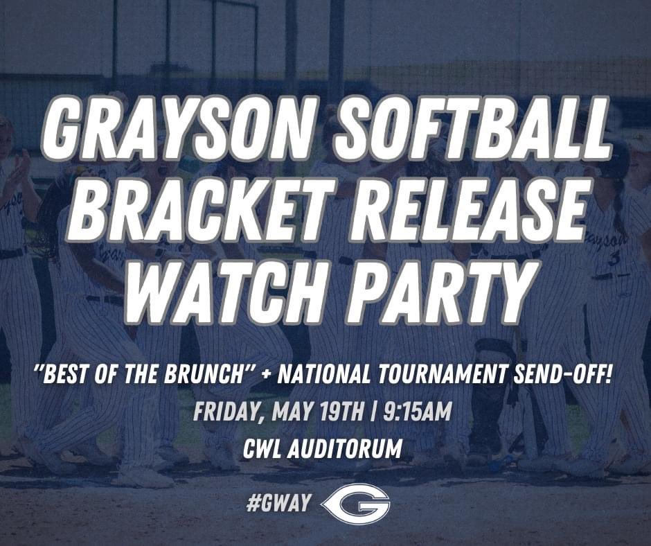 You're invited to our National Tournament Send-Off Party!! 🥎 Join us on May 19th at 9:15am in the CWL Auditorium for brunch & the welcome tunnel! At 10am, we will watch the NJCAA Bracket Reveal with the team! Let’s get H-Y-P-E for the #GWAY!! 💪
