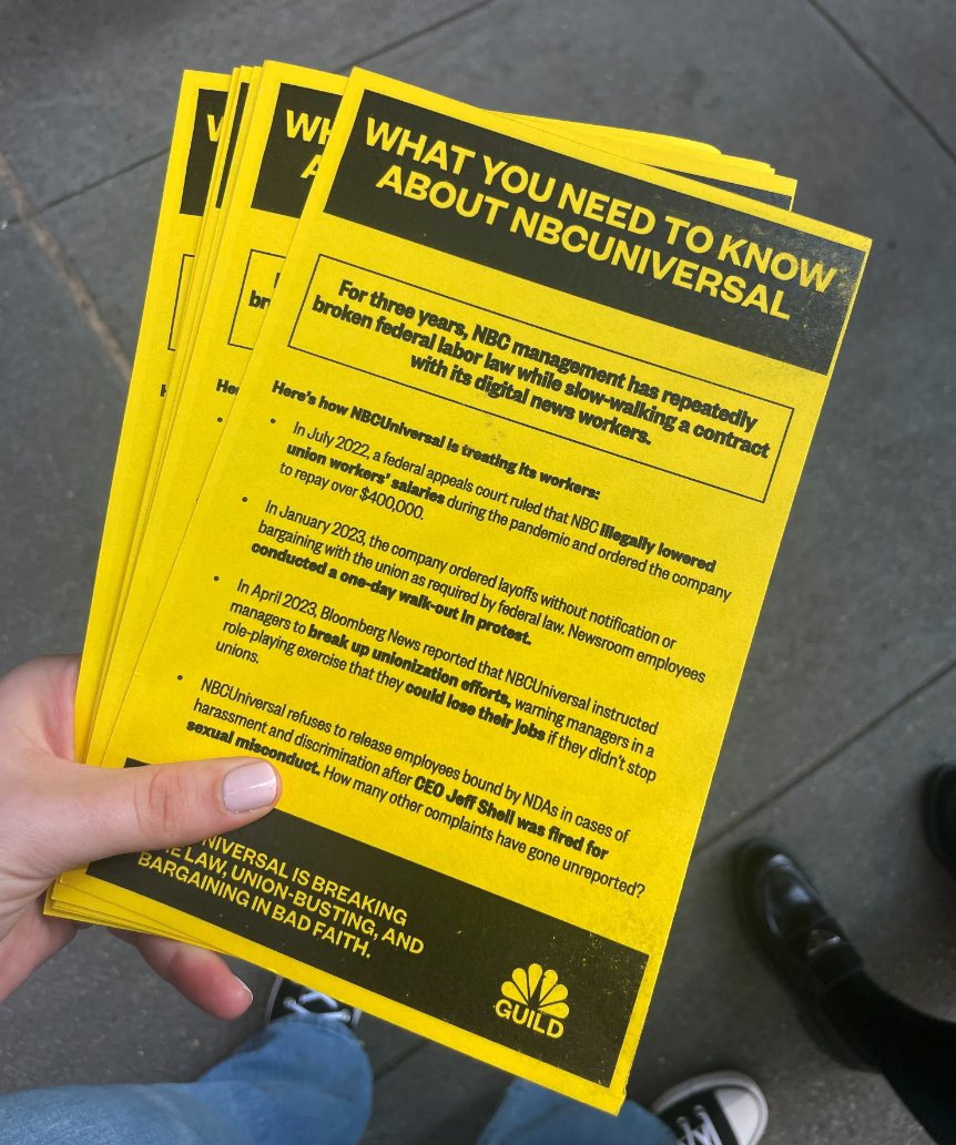 NBC Guild (@nbcnewsguild) on Twitter photo It’s <a href="/NBCUniversal/">NBCUniversal</a> upfronts day, and we’re out here letting people know:
NBC is dragging union negotiations into **the third year*** by refusing industry-standard job security proposals and pushing aggressively anti-worker language that would allow them to terminate us at-will. It’s <a href="/NBCUniversal/">NBCUniversal</a> upfronts day, and we’re out here letting people know:
NBC is dragging union negotiations into **the third year*** by refusing industry-standard job security proposals and pushing aggressively anti-worker language that would allow them to terminate us at-will.