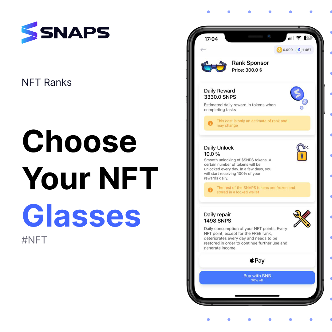 Main features of NFT glasses🕶

💰Daily Reward - The number of $SNPS tokens that will be delivered to you daily if you have collected 100 energy points.

🔐Daily Unlock - The amount of smooth unlocking of earned tokens in the first days in Snaps.