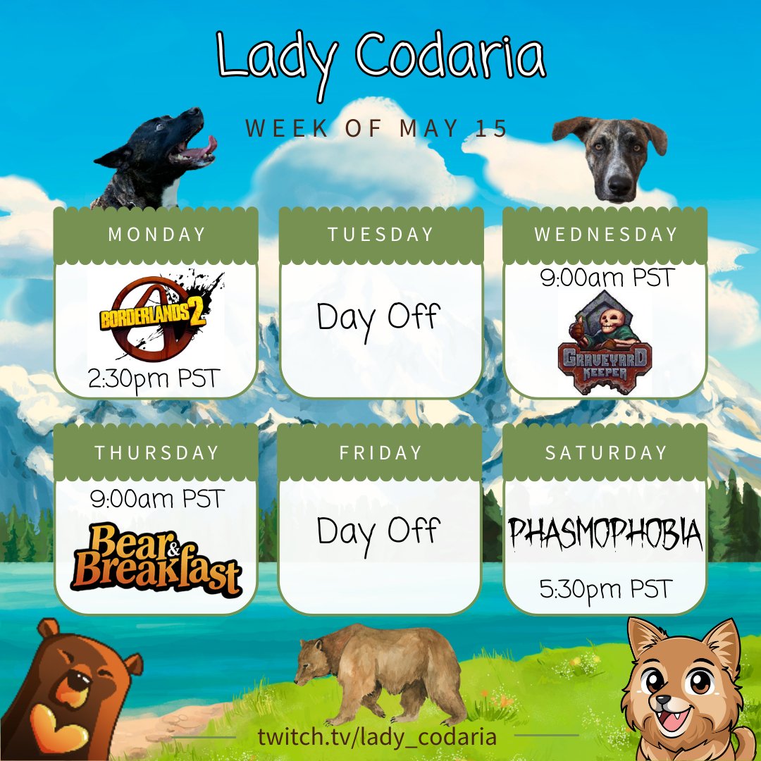 LadyCodaria's tweet image. 🐻Stream Schedule🐻
Full Disclosure: I am still sick. Some streams may be shorter than normal based on how I am feeling. I just miss you guys too much to take another week off! 
#twitch #smallstreamer #streamschedule