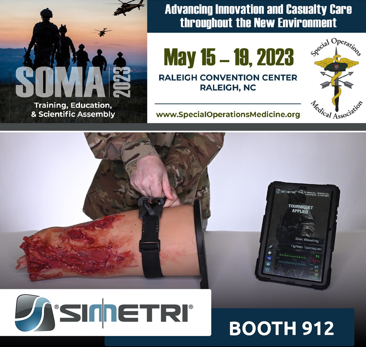 The future of #TourniquetTraining will be on display at #SOMA2023 Exhibit Hall BOOTH 912 on May 17 & 18.

#Tourniquet #M3TS #SmartTourniquet #SmartSurrogates #M3TS #CombatMedicine #ProlongedCasualtyCare #ProlongedFieldCare